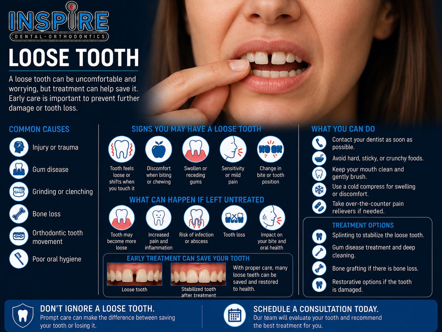 Person checking a loose adult tooth before treatment at Inspire Dental and Orthodontics