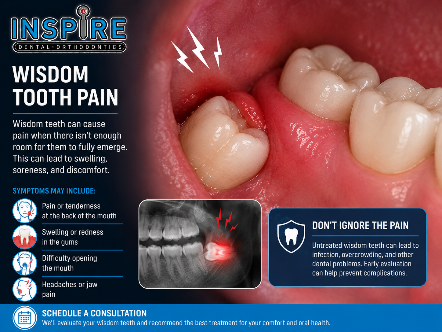 Person with wisdom tooth pain at the back of the mouth before treatment at Inspire Dental and Orthodontics