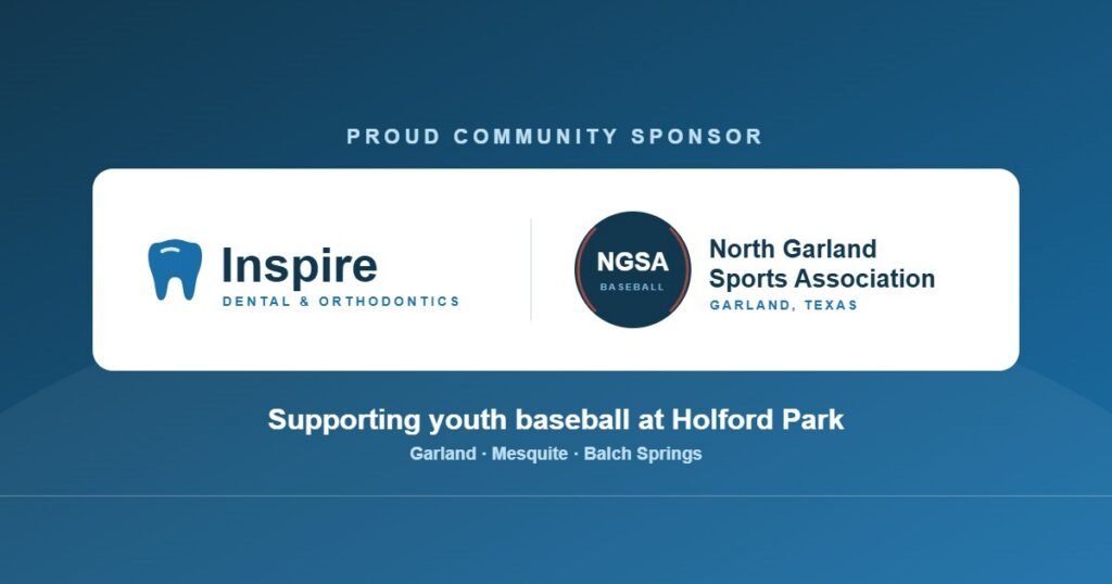 Inspire Dental and Orthodontics logo beside a North Garland Sports Association baseball roundel, marking the practice as a community sponsor in Garland, TX